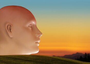 Männlicher Plastikkopf vor Landschaft mit Sonnenuntergang