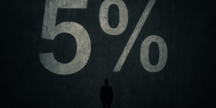 Dunkle Mauer mit Aufschrift 5%. Davor kaum sichtbar ein Mensch, AI generiert