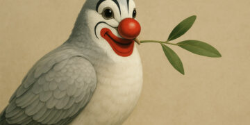 Friedenstaube mit Clownsgesicht, mit Olivenzweig im Schnabel. AI generiert