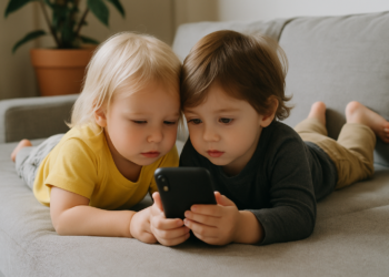 Zwei kleine Kinder liegen auf dem Sofa und starren auf ein Smartphone-Bildschirm, KI generiert