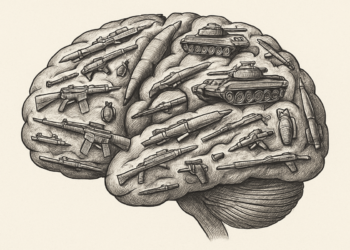 Illustration eines Gehirns aus Waffen, AI generiert