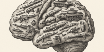 Illustration eines Gehirns aus Waffen, AI generiert