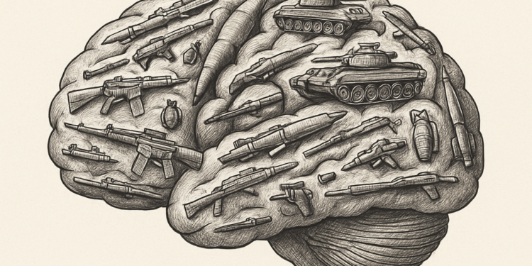 Illustration eines Gehirns aus Waffen, AI generiert