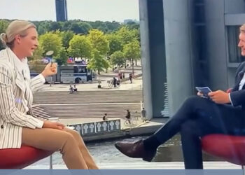 Screensho aus dem ARD Sommerinterview mit A. Weidel udn dem Aktions-Bus des "Zentrums für politische Schönheit" im Hintergrund