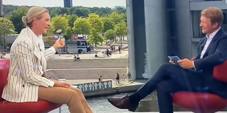 Screensho aus dem ARD Sommerinterview mit A. Weidel udn dem Aktions-Bus des "Zentrums für politische Schönheit" im Hintergrund