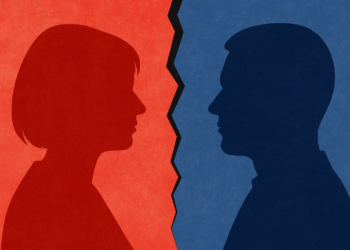 Illustration, Frauenprofil mit rotem Hintergrund, Männerprofil mit blauem Hintergrund. Symbolbild für Kulturkampf. AI generiert