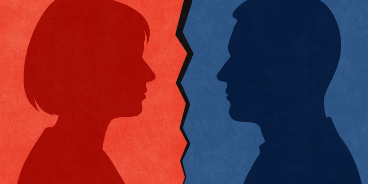 Illustration, Frauenprofil mit rotem Hintergrund, Männerprofil mit blauem Hintergrund. Symbolbild für Kulturkampf. AI generiert