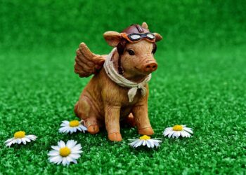 Glücksschwein mit Hermes-Flügeln auf grüner Wiese