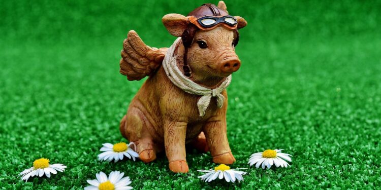 Glücksschwein mit Hermes-Flügeln auf grüner Wiese