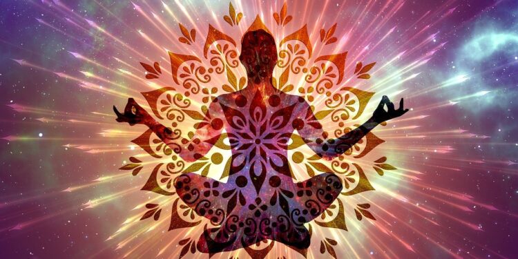 Schemenhaft Buddha-Figur mit Grafik-Overlay, Symbolbild für Meditation