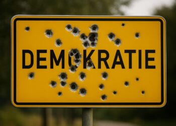 Ortseingangsschild mit der Aufschrift "DEMOKRATIE" und zahlreichen Einschußlöchern, AI generiert