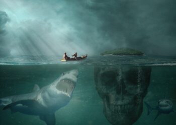 Ruderboot vor einen Insel, die aus der Oberfkläche eines riesigen Totenkopfes gebildet wurde, Unter dem Ruderboot schwimmt ein gefährlicher Riesenhai.