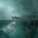 Ruderboot vor einen Insel, die aus der Oberfkläche eines riesigen Totenkopfes gebildet wurde, Unter dem Ruderboot schwimmt ein gefährlicher Riesenhai.