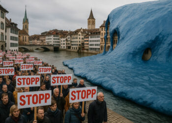"Montagsdemo" mit Stopp-Schildern" gegen eine "Blaue Flut" über einer Stadt. AI generiert