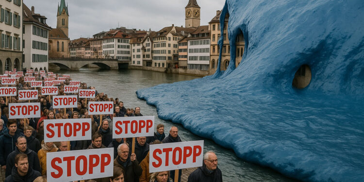 "Montagsdemo" mit Stopp-Schildern" gegen eine "Blaue Flut" über einer Stadt. AI generiert