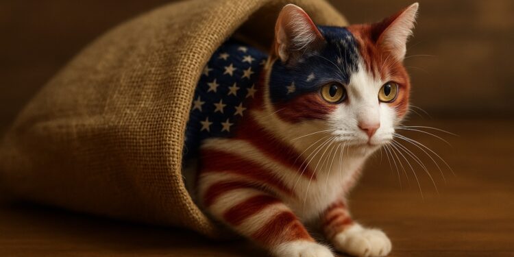 Katze, Fell als US-amerikanische Flagge eingefärbt, klettert aus einem Jutesack, AI generiert via ChatGPT