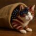 Katze, Fell als US-amerikanische Flagge eingefärbt, klettert aus einem Jutesack, AI generiert via ChatGPT