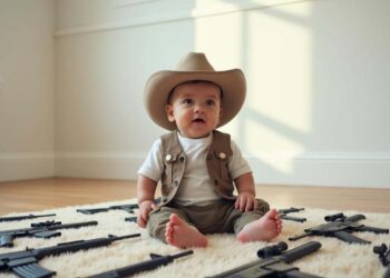 Kleines Kind im Alter von ca. 2 Jahren mit Cowboyhut auf einem Spielteppich mit lauter Waffen, AI generiert