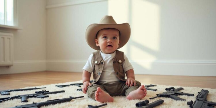 Kleines Kind im Alter von ca. 2 Jahren mit Cowboyhut auf einem Spielteppich mit lauter Waffen, AI generiert