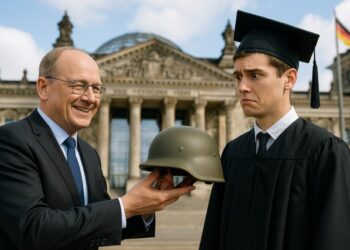 Zivilist übergibt Hochschulabsolventen einen Stahlhelm, AI generiert