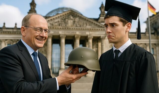 Zivilist übergibt Hochschulabsolventen einen Stahlhelm, AI generiert