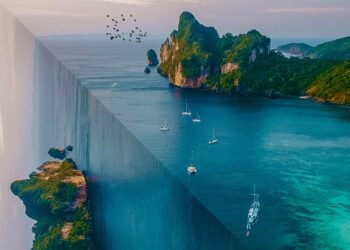 Illusion. Landschaft auf 2 Seiten eines Würfels.