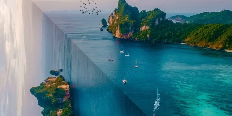 Illusion. Landschaft auf 2 Seiten eines Würfels.