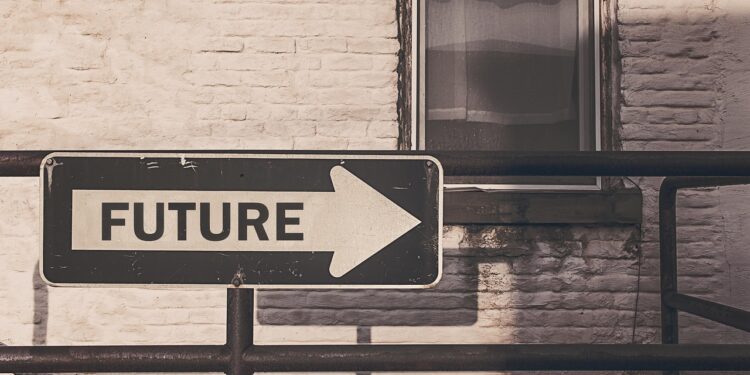 Einbahnstraßenschild mit Aufschrift "Future"