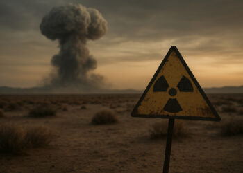 Atompilz in einem Wüstengelände, im Vordergrund ein Warnschild vor Radioaktivität. AI generiert.