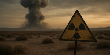 Atompilz in einem Wüstengelände, im Vordergrund ein Warnschild vor Radioaktivität. AI generiert.