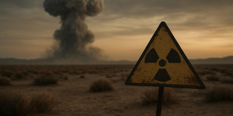 Atompilz in einem Wüstengelände, im Vordergrund ein Warnschild vor Radioaktivität. AI generiert.