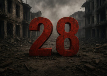 Die Zahl 28 steht in großen Ziffern inmitten einer kriegszerstörten Straße