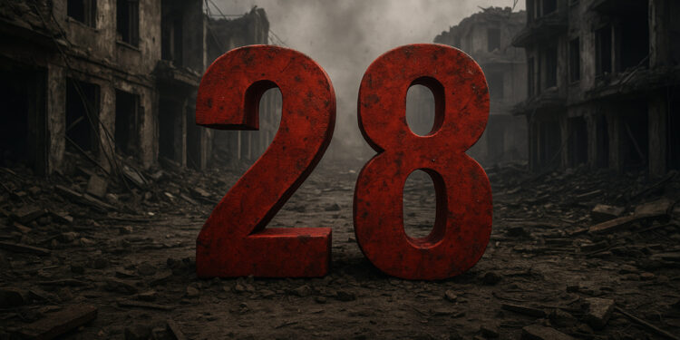Die Zahl 28 steht in großen Ziffern inmitten einer kriegszerstörten Straße