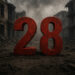 Die Zahl 28 steht in großen Ziffern inmitten einer kriegszerstörten Straße