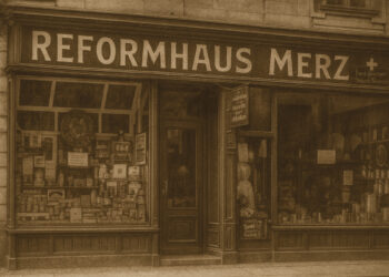 Straßenansicht vom alten Reformhaus Merz um 1900. Sieht echt aus und entspricht dem Weltbild und Stadtbild von Friedrich Merz, ist aber AI generiert.