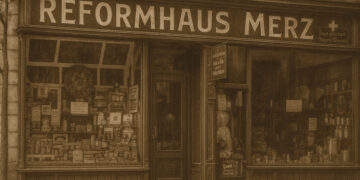 Straßenansicht vom alten Reformhaus Merz um 1900. Sieht echt aus und entspricht dem Weltbild und Stadtbild von Friedrich Merz, ist aber AI generiert.