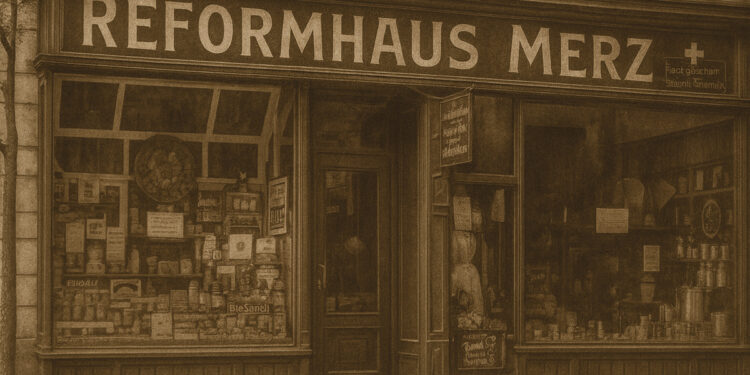 Straßenansicht vom alten Reformhaus Merz um 1900. Sieht echt aus und entspricht dem Weltbild und Stadtbild von Friedrich Merz, ist aber AI generiert.