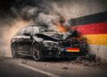 Auto mit Deutschland-Emblem ist an einer Mauer zerschellt, deutliche Schäden an Front und Seite. Die MAuer hat einen schwarz-rot-goldenen Streifen. AI generiert