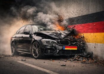 Auto mit Deutschland-Emblem ist an einer Mauer zerschellt, deutliche Schäden an Front und Seite. Die MAuer hat einen schwarz-rot-goldenen Streifen. AI generiert