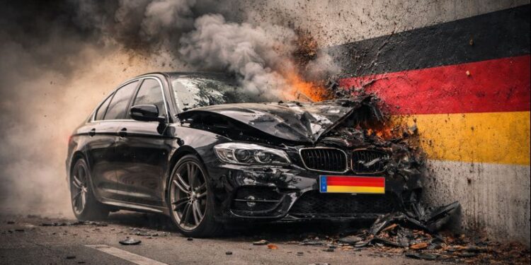 Auto mit Deutschland-Emblem ist an einer Mauer zerschellt, deutliche Schäden an Front und Seite. Die MAuer hat einen schwarz-rot-goldenen Streifen. AI generiert
