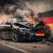 Auto mit Deutschland-Emblem ist an einer Mauer zerschellt, deutliche Schäden an Front und Seite. Die MAuer hat einen schwarz-rot-goldenen Streifen. AI generiert