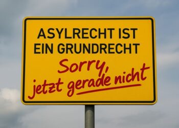 Ortseingangschilc "Asylrecht ist ein Grundrecht" mit Sprayzusatz "Sorry, jetzt gerade nicht". AI generiert