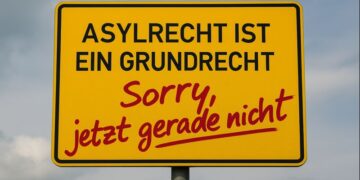 Ortseingangschilc "Asylrecht ist ein Grundrecht" mit Sprayzusatz "Sorry, jetzt gerade nicht". AI generiert