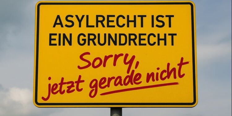 Ortseingangschilc "Asylrecht ist ein Grundrecht" mit Sprayzusatz "Sorry, jetzt gerade nicht". AI generiert