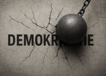 Eine Abrissbirne prallt auf eine Wand, auf der "DEMOKRATIE" steht. Es sind schon deutliche Risse zu erkennen. AI generiert