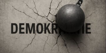 Eine Abrissbirne prallt auf eine Wand, auf der "DEMOKRATIE" steht. Es sind schon deutliche Risse zu erkennen. AI generiert