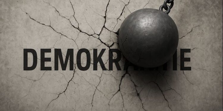 Eine Abrissbirne prallt auf eine Wand, auf der "DEMOKRATIE" steht. Es sind schon deutliche Risse zu erkennen. AI generiert