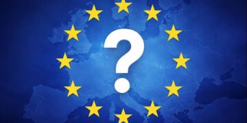 Landkarte Europas überdeckt mit der EU-Flagge. Inmitten der EU-Sterne steht ein großes Fragezeichen, AI generiert