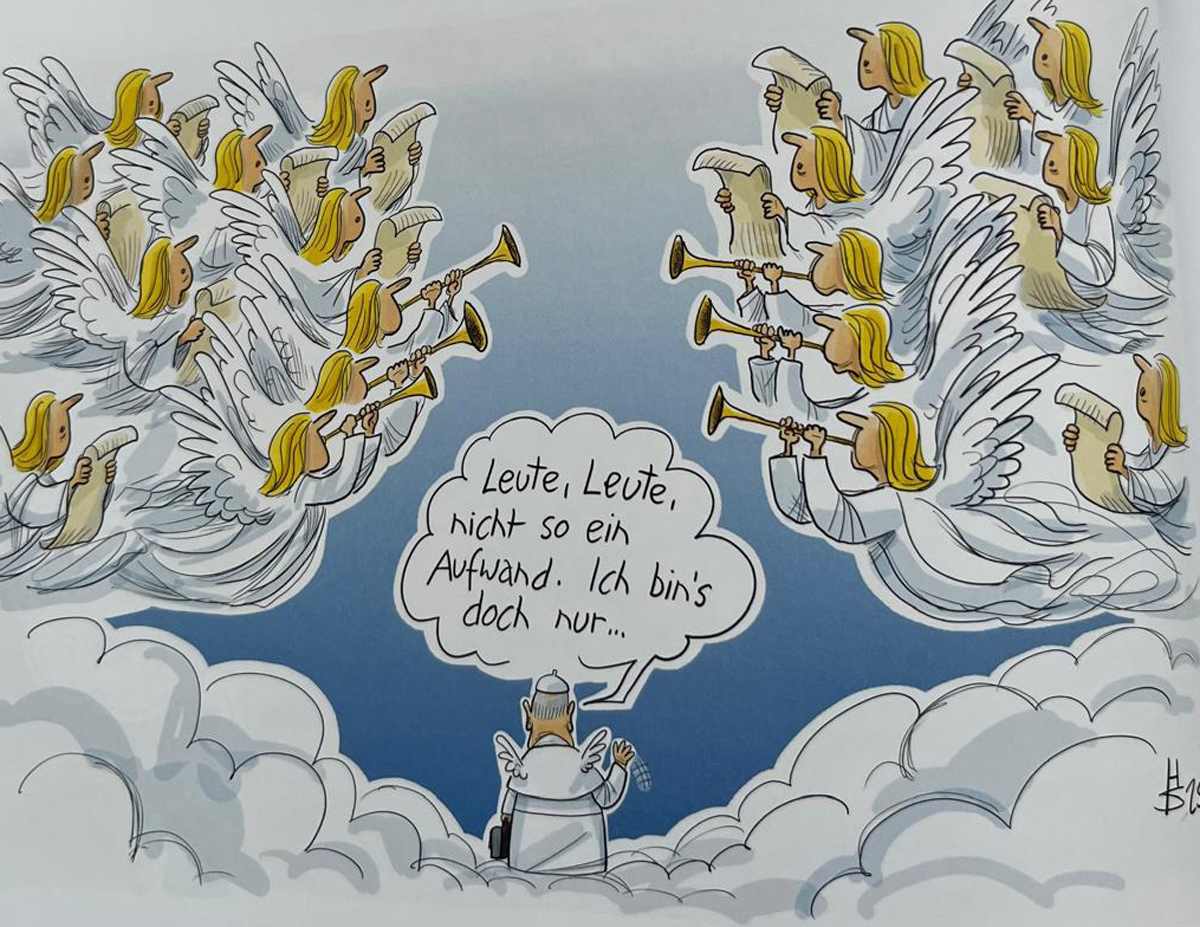 Papst Franziskus wird mit Engels- und Posaunenchören im Himmel begrüßt