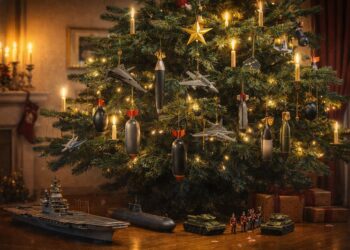 Weihnachtsbaum mit "Kriegsspielzeug", AI generiert von ChatGPT